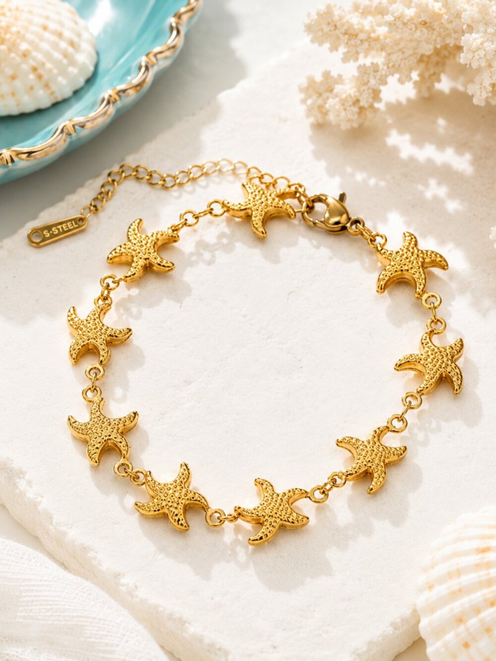 18K Gold Plated Starfish Link Bracelet Stainless Steel Adjustable Coastal NEW